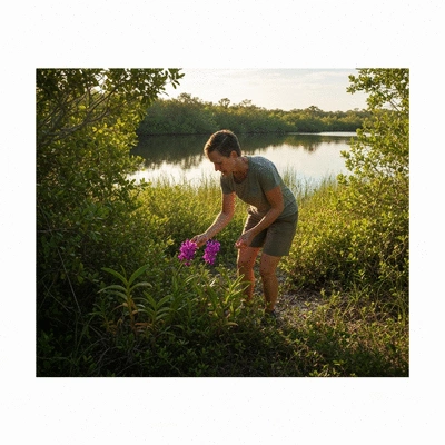 Person exploring a hidden, tranquil natural area in Fort Myers, with lush greenery and calm water, no text, no words, no typography, clean image