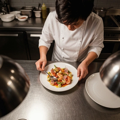 Chef preparing fresh seafood dish in a modern kitchen