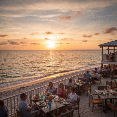 Outdoor dining area overlooking the ocean with people enjoying seafood