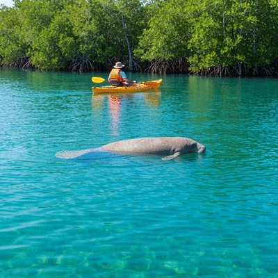Manatee swimming near a kayaker in Manatee Park, Fort Myers, with lush mangroves in the background.