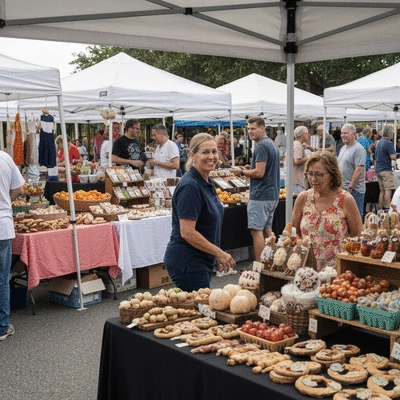 A vibrant local market in Fort Myers with diverse handmade goods and local produce, bustling with friendly people, no text, no words, no typography, clean image